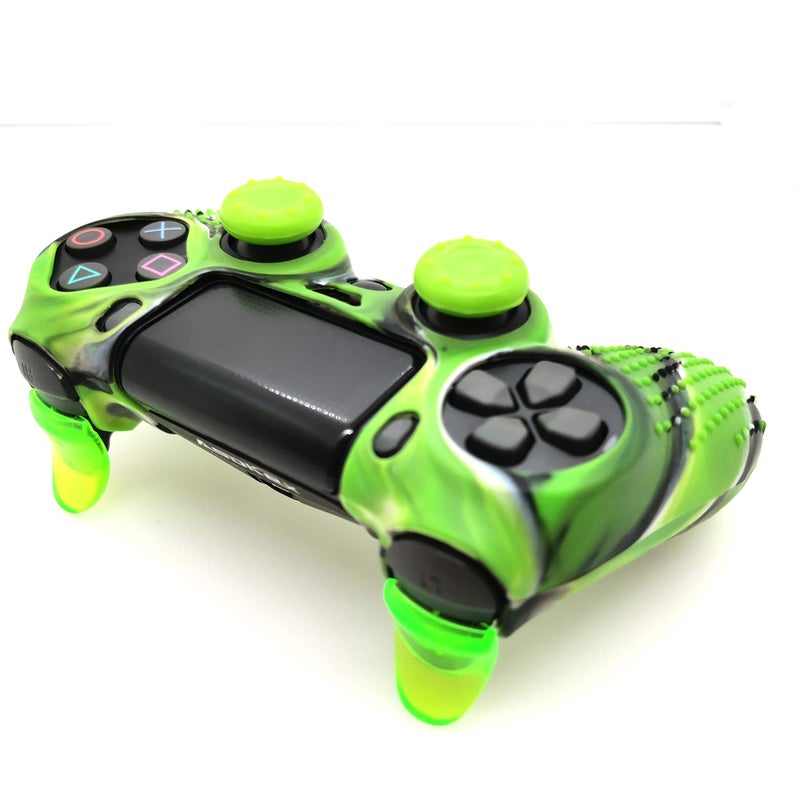 Asokex Silicone Skin Cover for Ps4 Controller (1pc Anti-Slip Case, 1 Pair L2 R2 Trigger Extender, 4pcs Thumb Grips,4pcs LED Light Bar Decal) Protector for DualShock PS4/ Slim/Pro Controller (Green granular) - Image 2